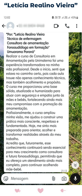 depoimento FCA1 – 4 Depoimento 4 Formação em Consultoria de Amamentação Práticas Essenciais Unimaterna